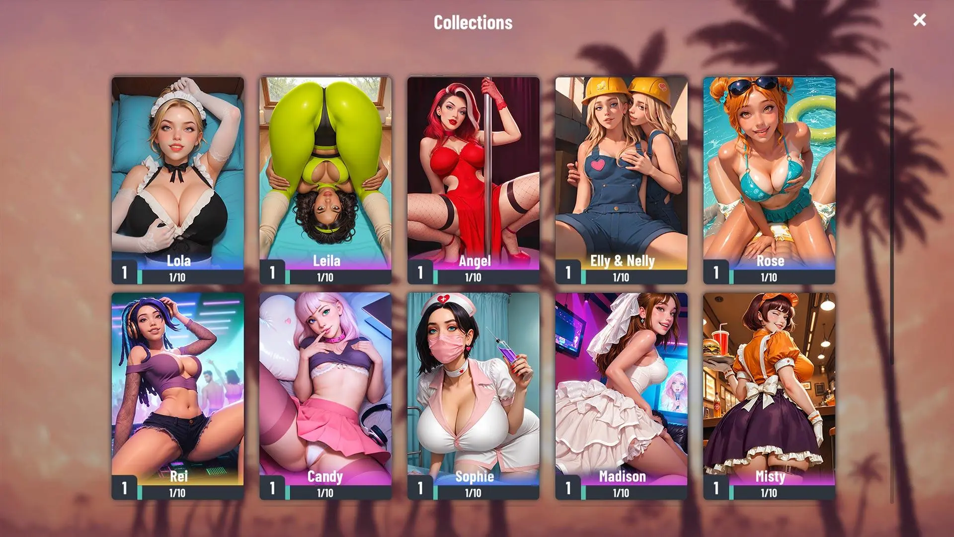 Passion Industry 컬렉션 화면 : 수집 가능한 히로인 카드들 (Lola, Angel, Rose, Candy, Sophie, Madison…)